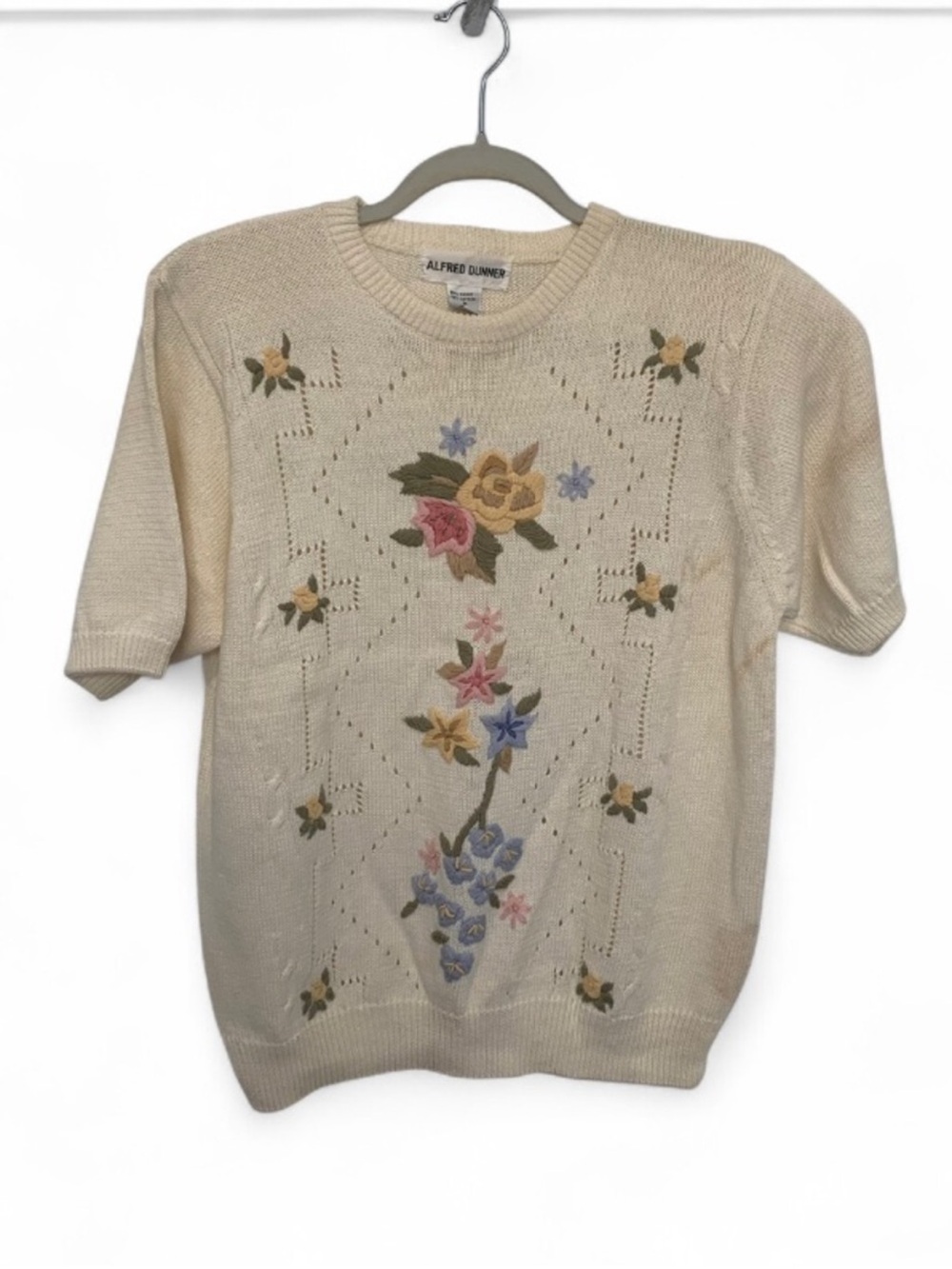 Alfred Dunner Cream Short-Sleeve Floral Embroidered Crewneck Sweater
